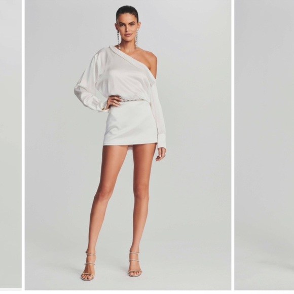 Retrofête ELIO Satin Asymmetrical One Shoulder Mini Dress In Ivory Small NEW - Picture 5 of 9